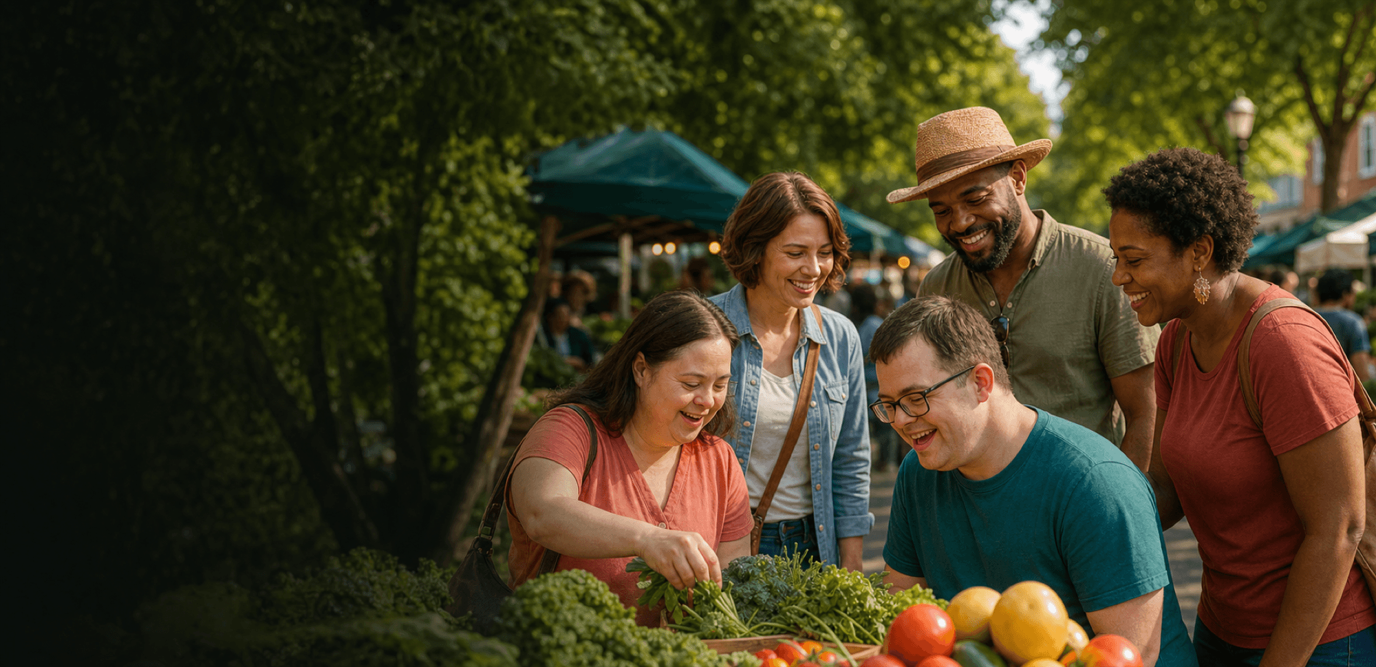 Adults enjoying a community farmers market together